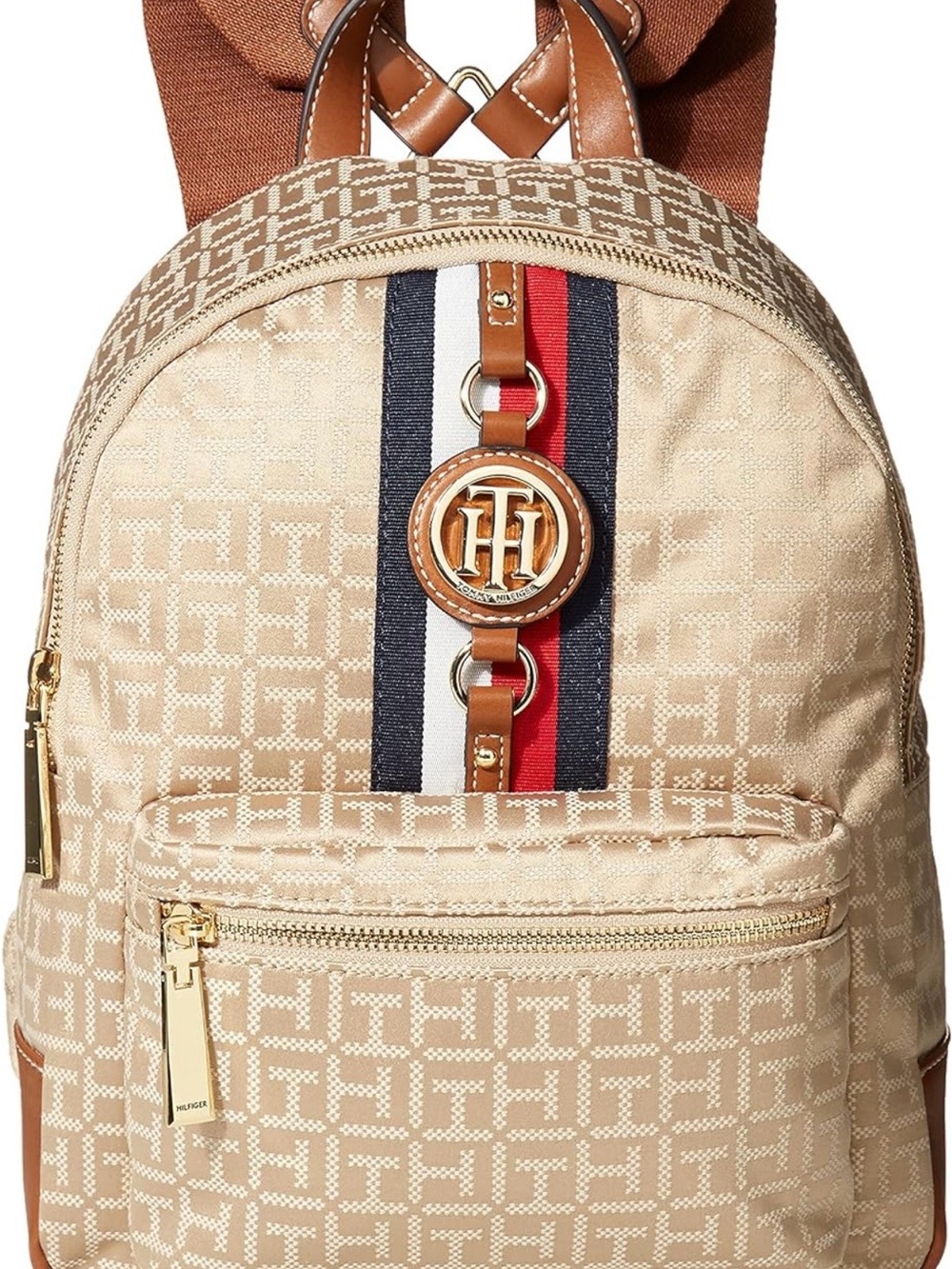 Tommy Hilfiger Beige Monogram Crossbody with Brown Leather Trim